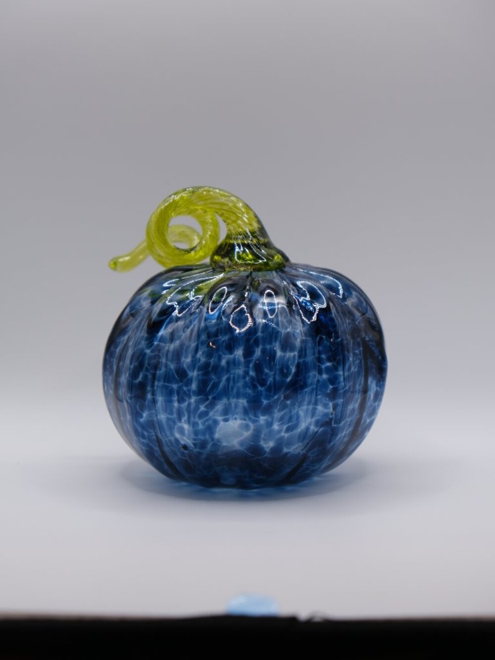 Hand-Blown Glass Pumpkin | Medium Size | Dark Blue Swirl with Green Stem - Picture 5 of 14